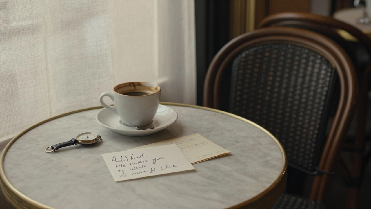 An empty Paris café at dawn holds a handwritten note and a forgotten watch, suggesting a meaningful, unspoken connection.