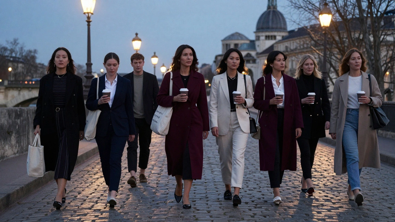 Women in elegant attire walk peacefully along the Seine at dusk, exuding quiet confidence and independence.